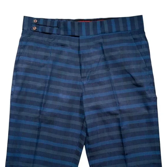 Mens Gurkha Pants 38 Blue Green Plaid Cotton Trousers Straight Fit Flat Front